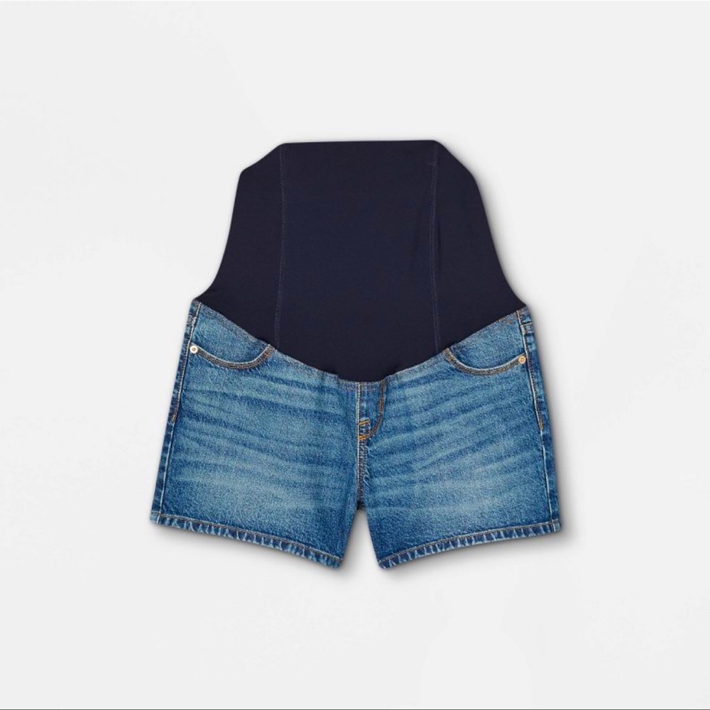 2/$20   Isabel maternity Over Belly Midi Maternity Jean Shorts - Medium Blue